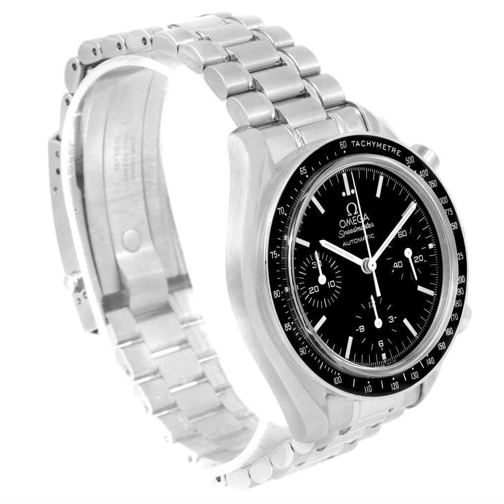 The image shows an Omega Speedmaster 3539.50.00 Men
s Stainless Steel Black Dial 3539.50.00 Men
s Stainless Steel Black Dial watch from a left-angle view, highlighting its face, bezel, and metal bracelet.