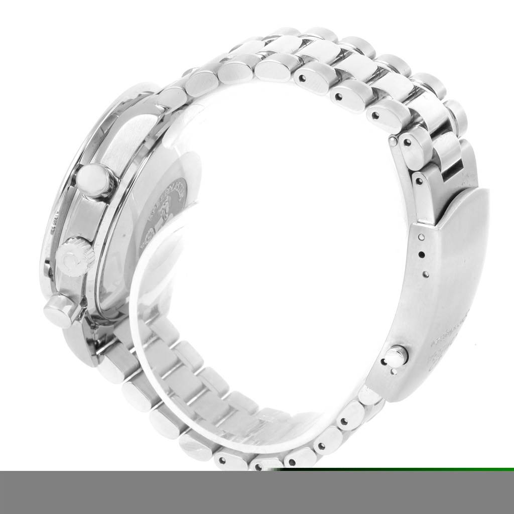 The image shows a side view of the Omega Speedmaster 3539.50.00 Men
s Stainless Steel Black Dial 3539.50.00 Men
s Stainless Steel Black Dial, highlighting the crown, pushers, and metal bracelet.