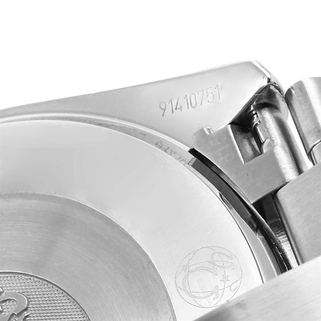 This close-up image shows the back case and part of the bracelet clasp of an Omega Speedmaster 3539.50.00 Men
s Stainless Steel Black Dial 3539.50.00 Men
s Stainless Steel Black Dial watch.