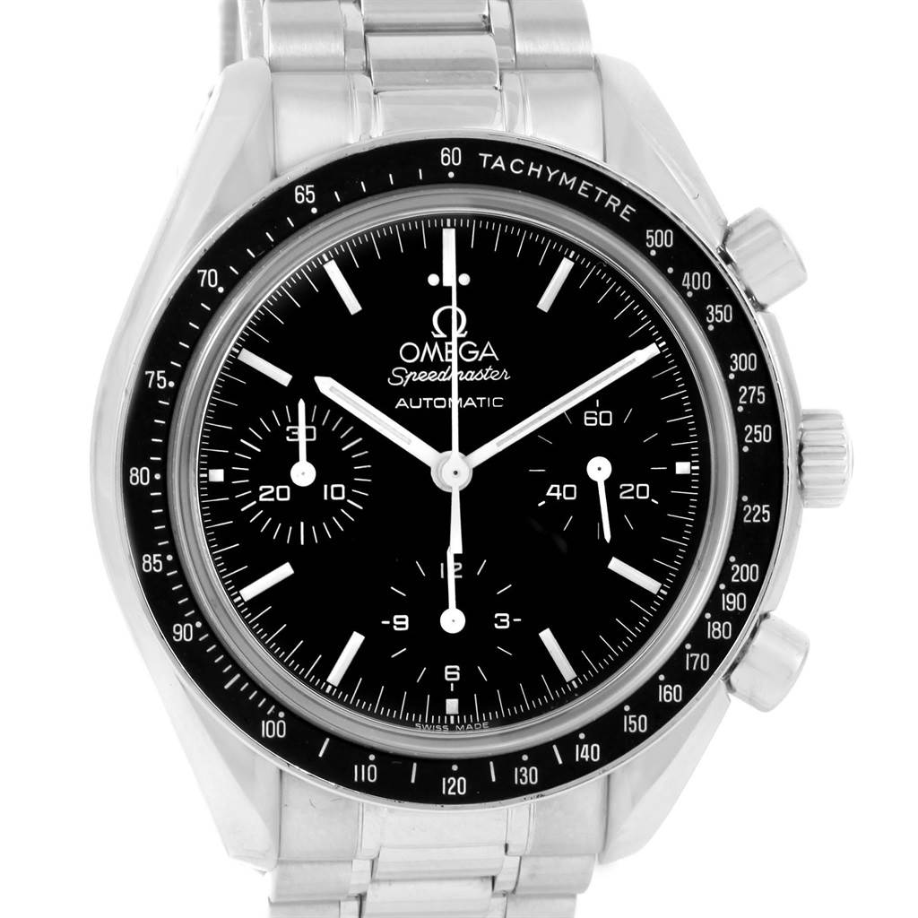 The image shows a frontal view of the Omega Speedmaster 3539.50.00 Men
s Stainless Steel Black Dial 3539.50.00 Men
s Stainless Steel Black Dial watch, displaying its dial, bezel, and bracelet.