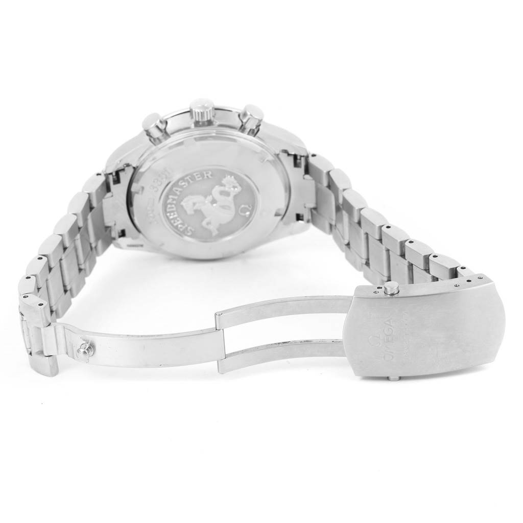 The image shows the back view of an Omega Speedmaster 3210.50.00 Men
s Stainless Steel Black Dial 3210.50.00 Men
s Stainless Steel Black Dial watch, highlighting its closed clasp and case back.