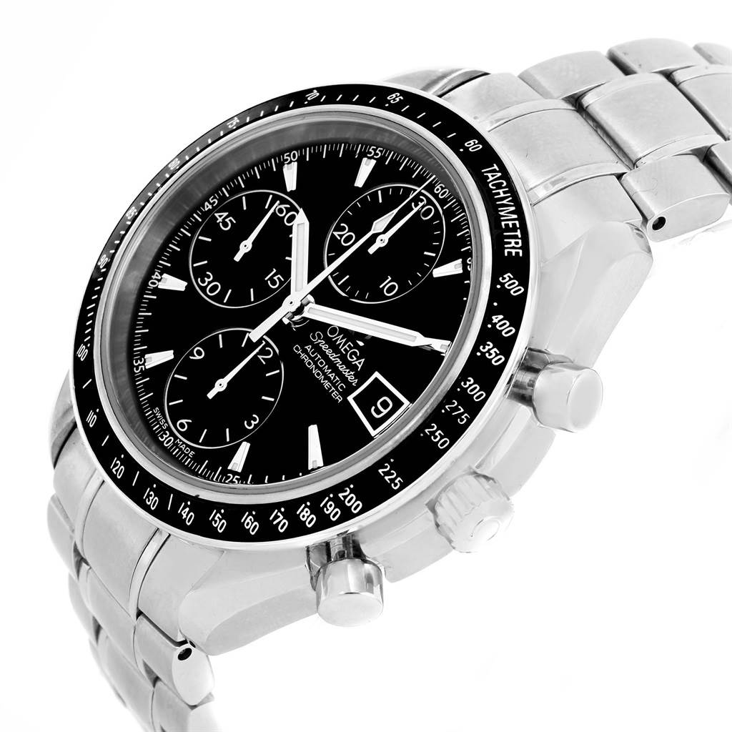 The image shows an Omega Speedmaster 3210.50.00 Men
s Stainless Steel Black Dial 3210.50.00 Men
s Stainless Steel Black Dial watch at an angle, displaying the face, chronograph dials, tachymeter bezel, and stainless steel bracelet.