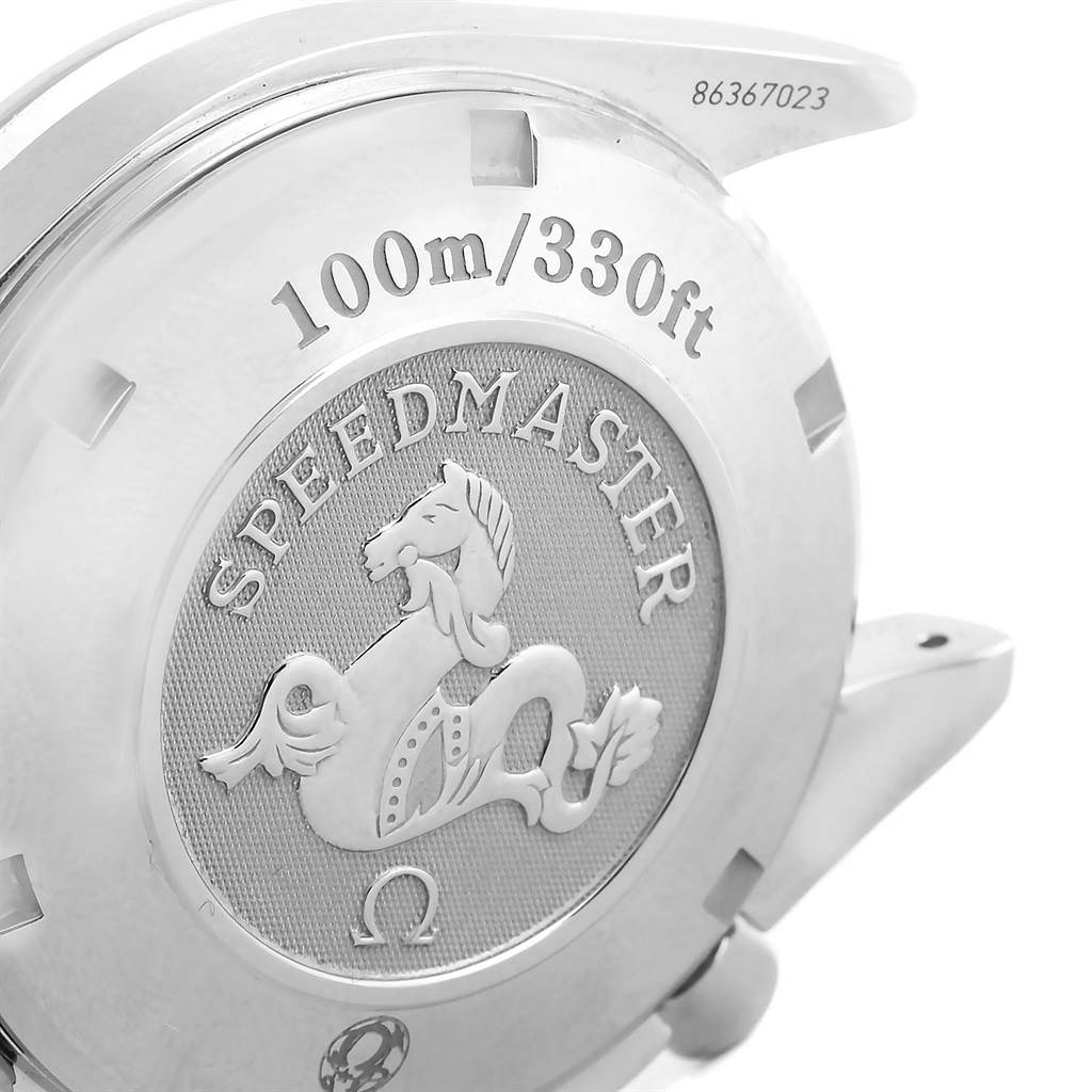 The image shows the back cover of an Omega Speedmaster 3210.50.00 Men
s Stainless Steel Black Dial 3210.50.00 Men
s Stainless Steel Black Dial watch, highlighting the "Speedmaster" inscription and water resistance.