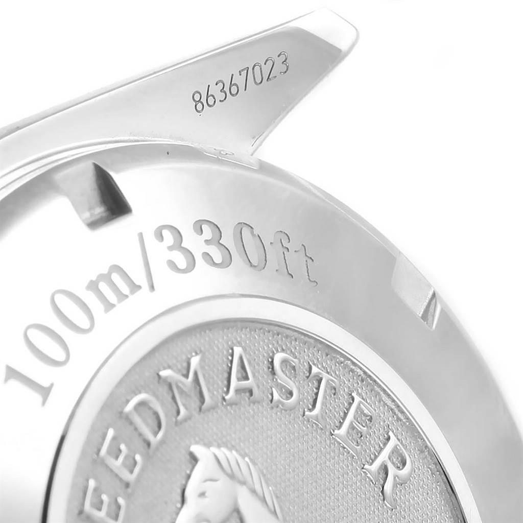 The image shows the engraved case back of an Omega Speedmaster 3210.50.00 Men
s Stainless Steel Black Dial 3210.50.00 Men
s Stainless Steel Black Dial, featuring the water resistance and part of the branding.