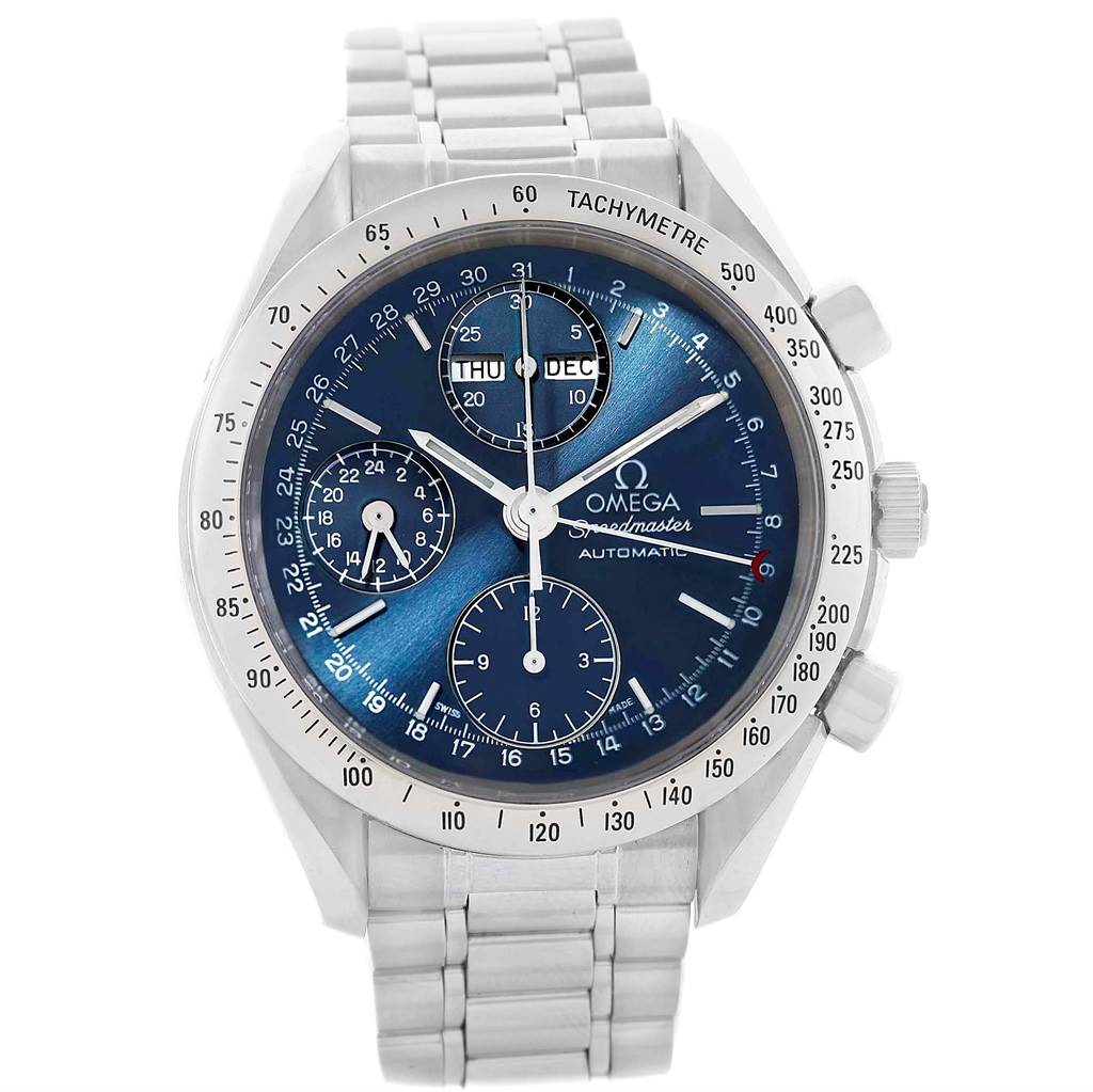 The Omega Speedmaster 3521.80.00 Men
s Stainless Steel Blue Dial 3521.80.00 Men
s Stainless Steel Blue Dial watch is shown from a frontal angle, displaying its blue dial, subdials, and stainless steel bracelet.
