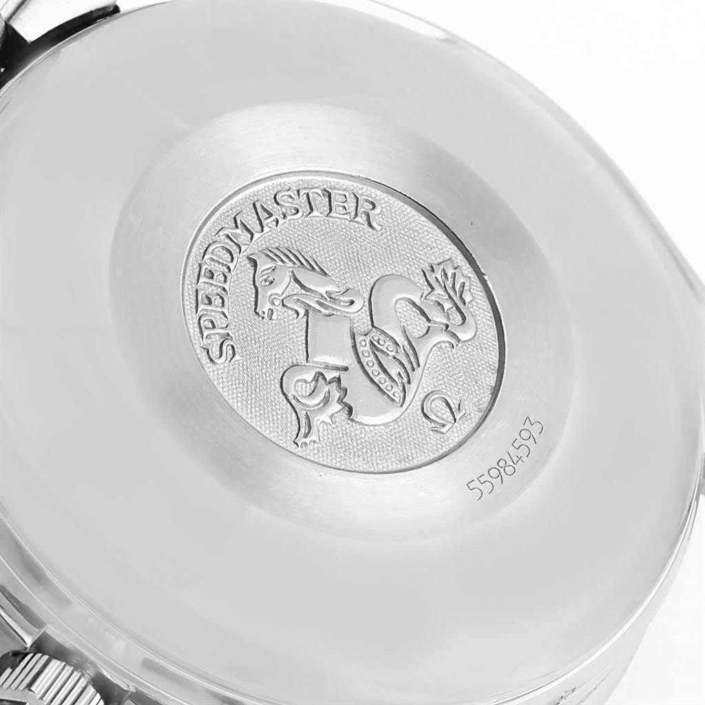 The image shows the case back of an Omega Speedmaster 3521.80.00 Men
s Stainless Steel Blue Dial 3521.80.00 Men
s Stainless Steel Blue Dial watch, featuring the Speedmaster logo and serial number.