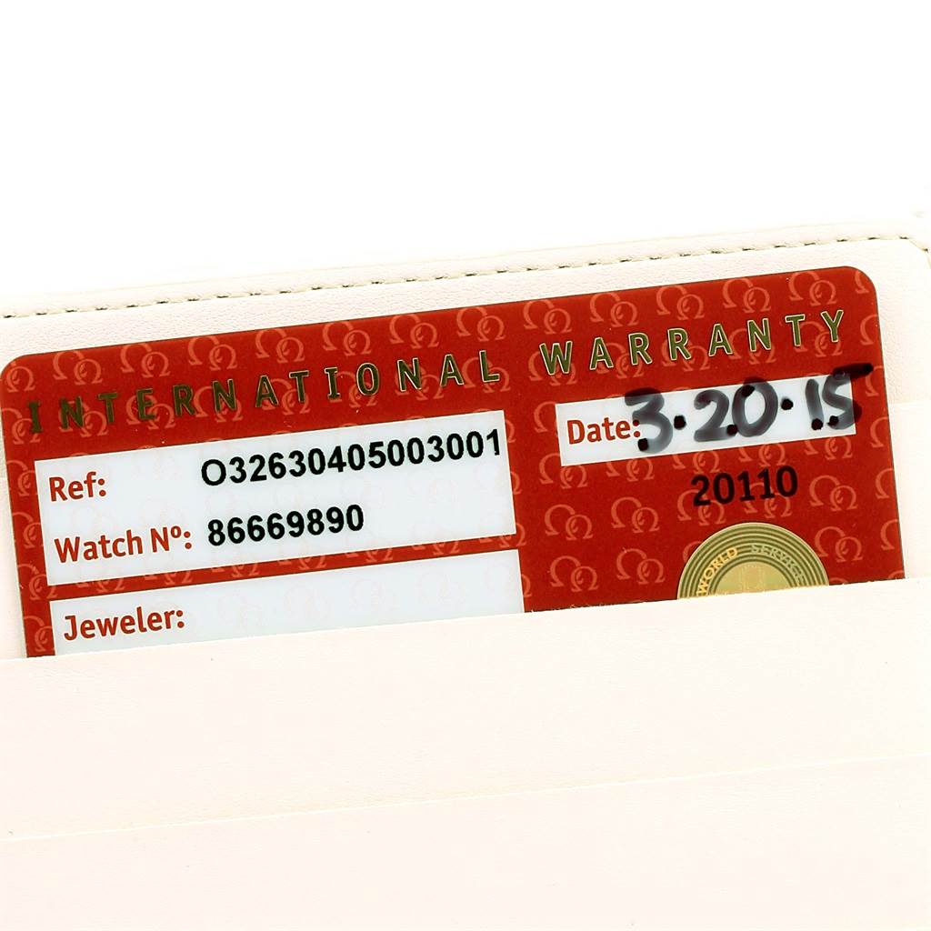 This image shows the international warranty card for an Omega Speedmaster 326.30.40.50.03.001 Men
s Stainless Steel Blue Dial 326.30.40.50.03.001 Men
s Stainless Steel Blue Dial watch.