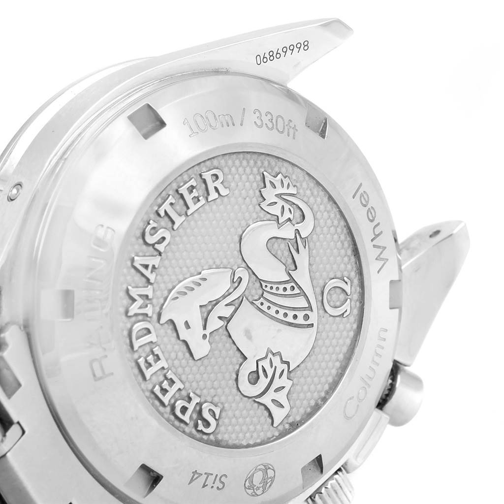 The image shows the case back of an Omega Speedmaster 326.30.40.50.03.001 Men
s Stainless Steel Blue Dial 326.30.40.50.03.001 Men
s Stainless Steel Blue Dial watch, highlighting the engraved logo and water resistance details.