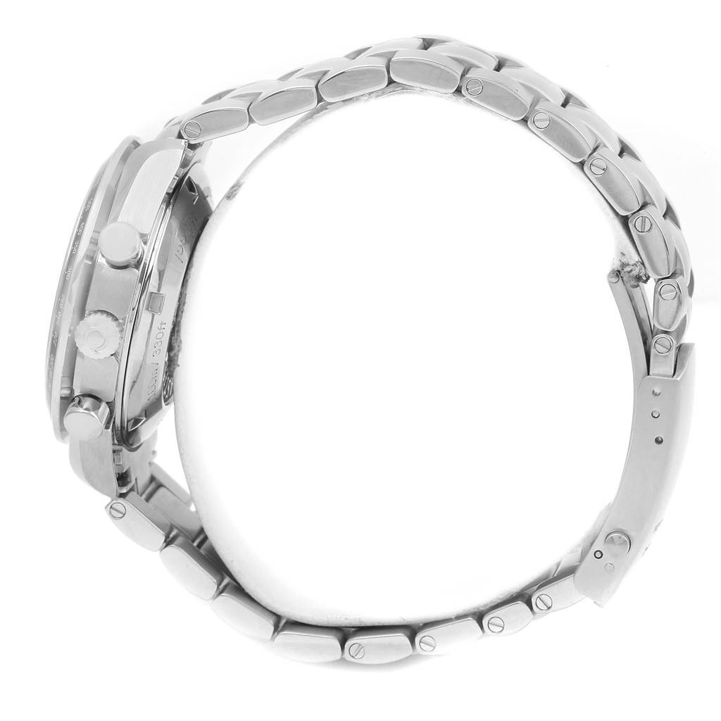 The image shows a side view of an Omega Speedmaster 326.30.40.50.03.001 Men
s Stainless Steel Blue Dial 326.30.40.50.03.001 Men
s Stainless Steel Blue Dial watch, highlighting its stainless steel band and pushers.