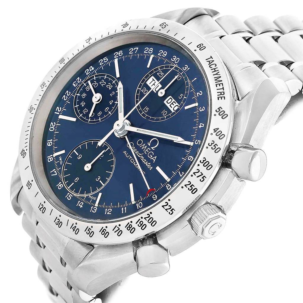 The image shows an angled view of the Omega Speedmaster 3521.80.00 Men
s Stainless Steel Blue Dial 3521.80.00 Men
s Stainless Steel Blue Dial watch, highlighting its tachymeter bezel, dial, crown, and pushers.