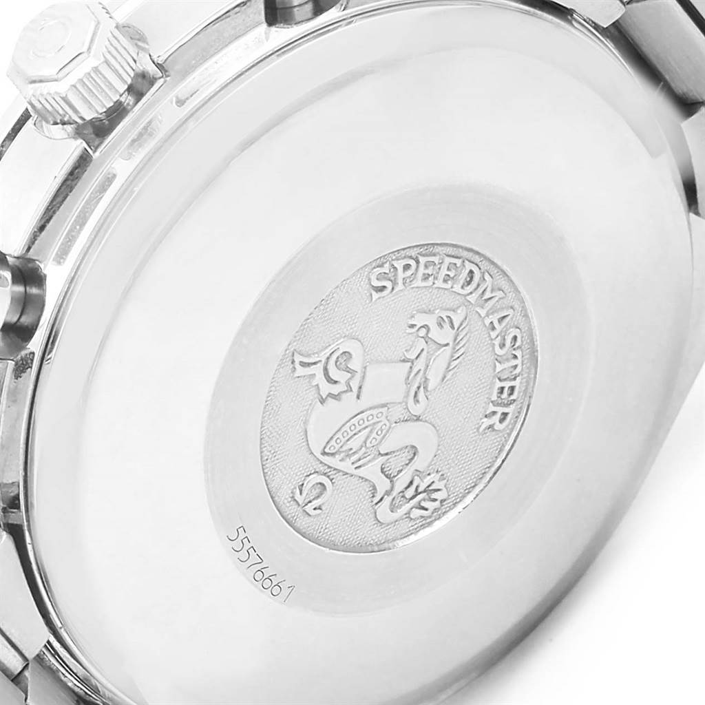 This image shows the case back of an Omega Speedmaster 3521.80.00 Men
s Stainless Steel Blue Dial 3521.80.00 Men
s Stainless Steel Blue Dial watch, along with the engraving of the model name and emblem.