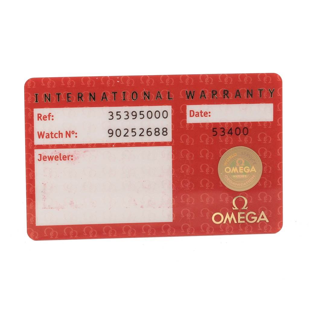 This is the international warranty card for the Omega Speedmaster 3539.50.00 Men
s Stainless Steel Black Dial 3539.50.00 Men
s Stainless Steel Black Dial watch, displaying reference and watch numbers.