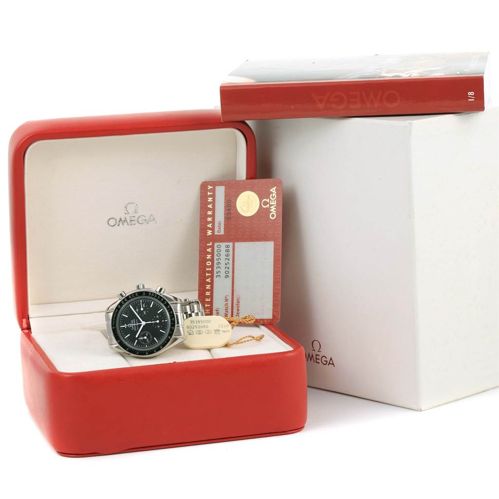 The image shows an Omega Speedmaster 3539.50.00 Men
s Stainless Steel Black Dial 3539.50.00 Men
s Stainless Steel Black Dial watch with its warranty card, manual, and original packaging.