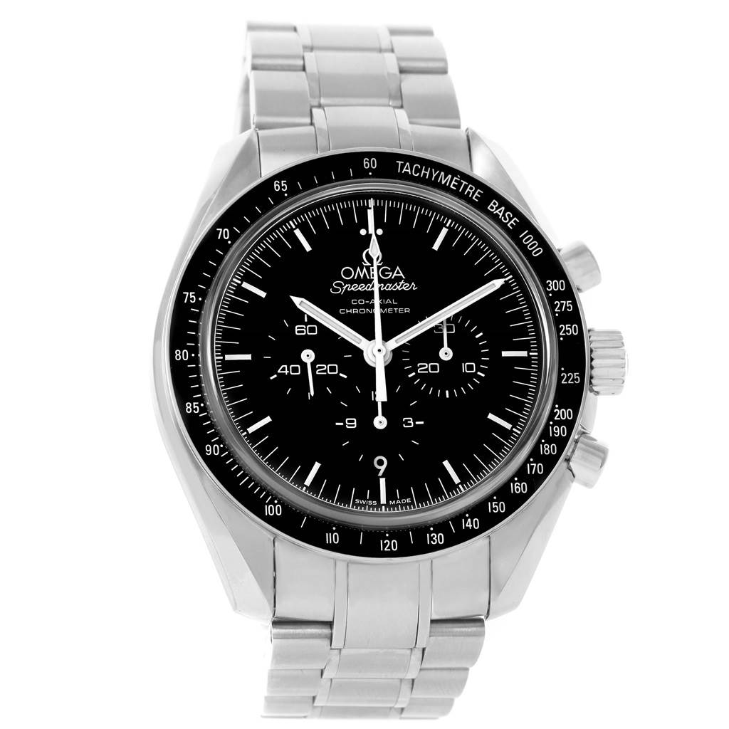 The Omega Speedmaster 311.30.44.50.01.002 Men's Stainless Steel Black Dial 311.30.44.50.01.002 Men's Stainless Steel Black Dial watch is shown from a front angle, displaying its face, bezel, and bracelet.