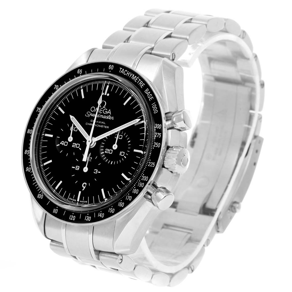 The image shows an Omega Speedmaster 311.30.44.50.01.002 Men's Stainless Steel Black Dial 311.30.44.50.01.002 Men's Stainless Steel Black Dial watch from a front-side angle, highlighting its dial, bezel, and bracelet.