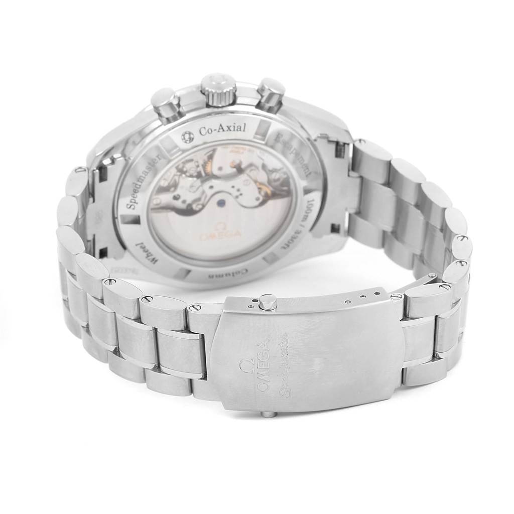 The image shows the rear view of an Omega Speedmaster 311.30.44.50.01.002 Men's Stainless Steel Black Dial 311.30.44.50.01.002 Men's Stainless Steel Black Dial watch, highlighting the band, clasp, and transparent case back.