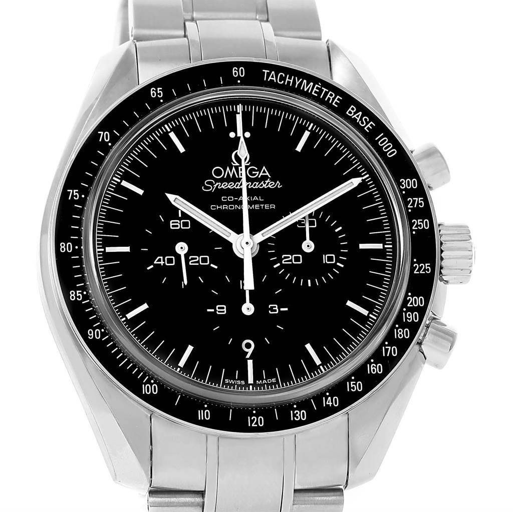The image shows a frontal view of an Omega Speedmaster 311.30.44.50.01.002 Men's Stainless Steel Black Dial 311.30.44.50.01.002 Men's Stainless Steel Black Dial watch, highlighting the dial, tachymeter bezel, and stainless steel bracelet.