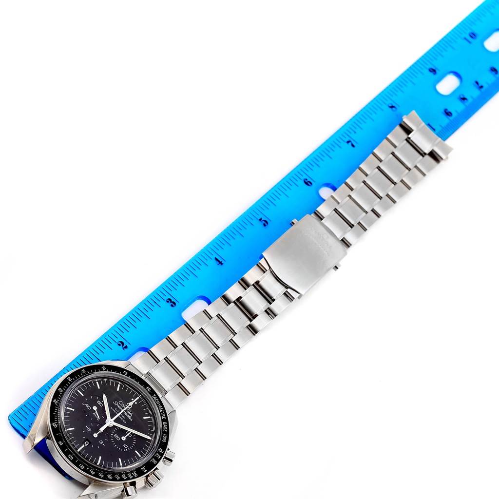 The Omega Speedmaster 311.30.44.50.01.002 Men's Stainless Steel Black Dial 311.30.44.50.01.002 Men's Stainless Steel Black Dial watch is shown from a top-down angle, displaying the face, bezel, and metal bracelet.