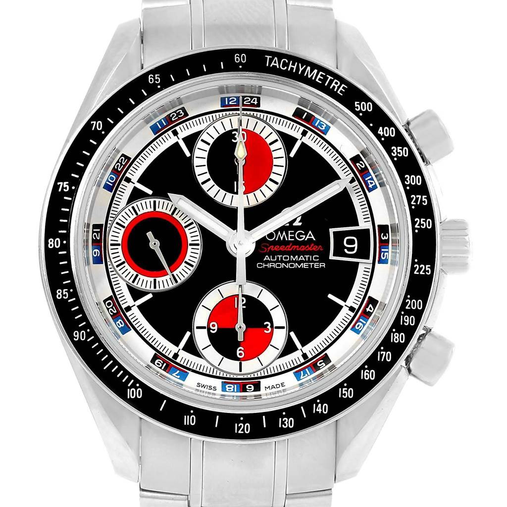 This image shows the full front view of the Omega Speedmaster 3210.52.00 Men
s Stainless Steel Black Dial 3210.52.00 Men
s Stainless Steel Black Dial watch, including the dial, hands, sub-dials, and bezel.