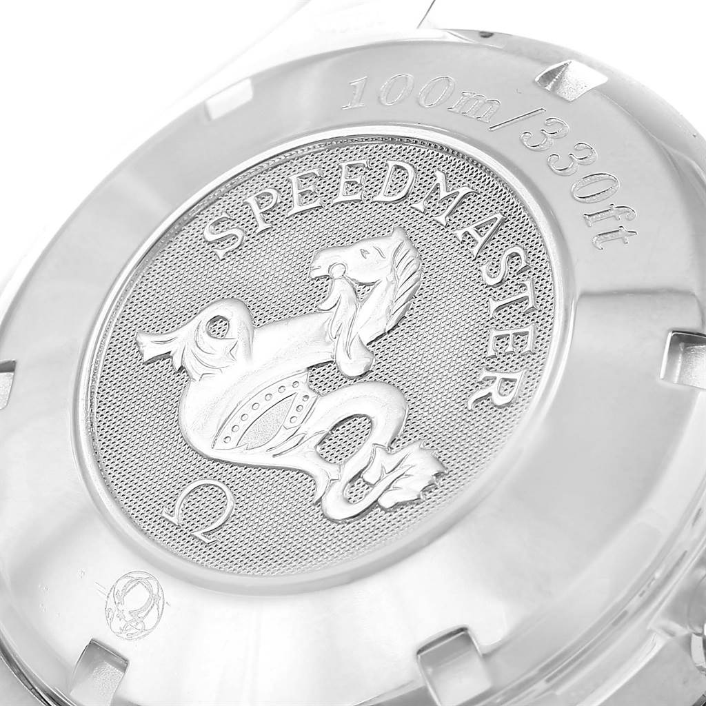 The image shows a close-up of the case back for the Omega Speedmaster 3210.52.00 Men
s Stainless Steel Black Dial 3210.52.00 Men
s Stainless Steel Black Dial watch, featuring its branding and water resistance mark.