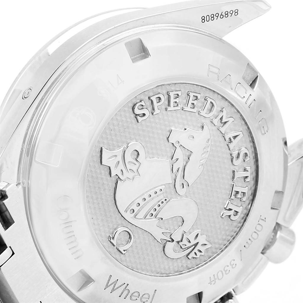 This image shows the back casing of an Omega Speedmaster 326.30.40.50.03.001 Men's Stainless Steel Blue Dial 326.30.40.50.03.001 Men's Stainless Steel Blue Dial watch, highlighting engravings and detailing.