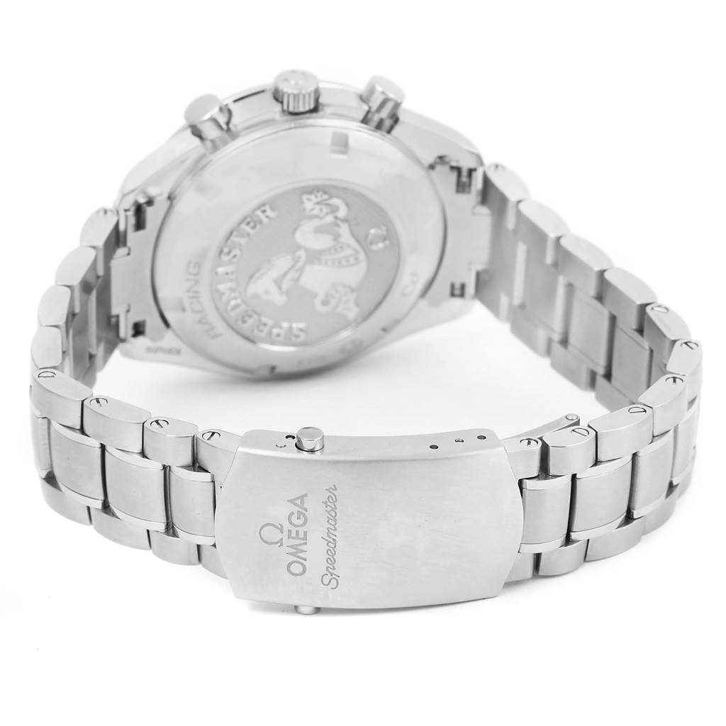 The image shows the back case, bracelet, and clasp of the Omega Speedmaster 326.30.40.50.03.001 Men's Stainless Steel Blue Dial 326.30.40.50.03.001 Men's Stainless Steel Blue Dial watch at an angle.