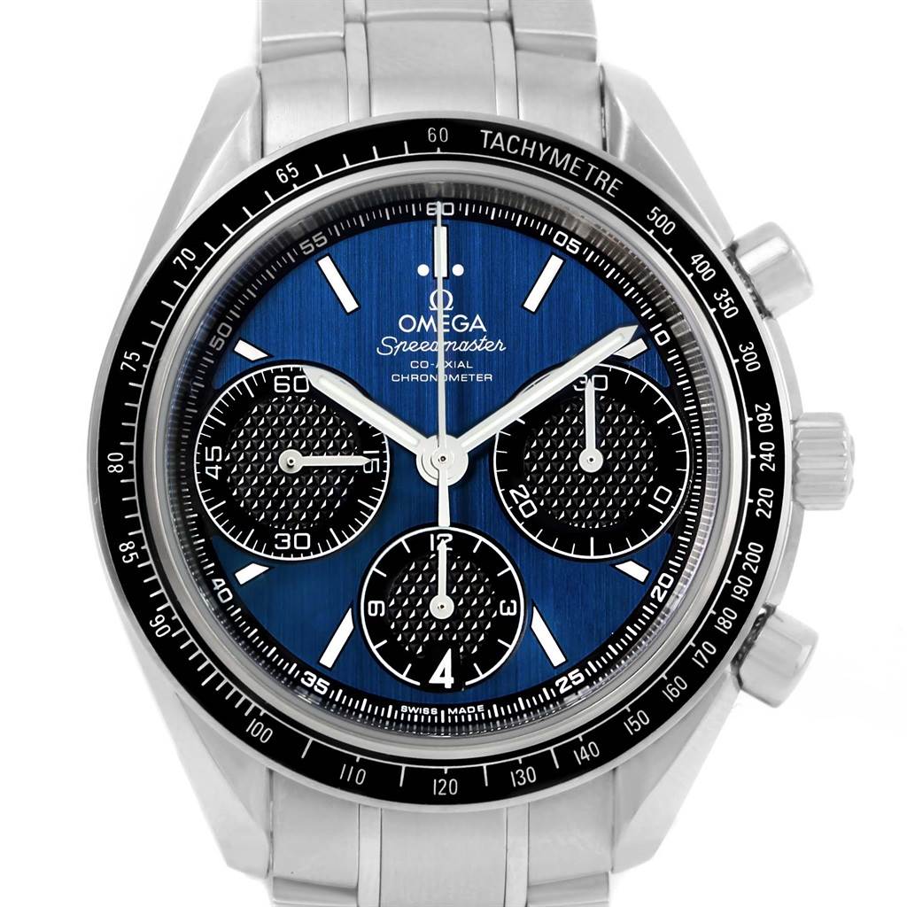 The image shows a frontal view of the Omega Speedmaster 326.30.40.50.03.001 Men's Stainless Steel Blue Dial 326.30.40.50.03.001 Men's Stainless Steel Blue Dial watch, highlighting the dial, subdials, tachymeter bezel, and pushers.
