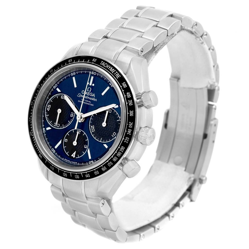 The Omega Speedmaster 326.30.40.50.03.001 Men's Stainless Steel Blue Dial 326.30.40.50.03.001 Men's Stainless Steel Blue Dial watch is shown at a front angle, displaying the face, bezel, and bracelet.