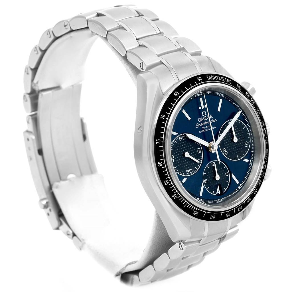 The image shows an Omega Speedmaster 326.30.40.50.03.001 Men's Stainless Steel Blue Dial 326.30.40.50.03.001 Men's Stainless Steel Blue Dial watch at a three-quarter angle highlighting the face, bezel, and bracelet.