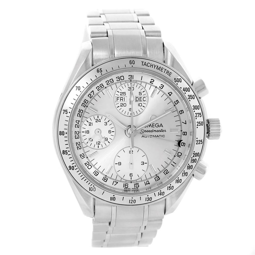 The image shows a front view of an Omega Speedmaster 3523.30.00 Men
s Stainless Steel Silver Dial 3523.30.00 Men
s Stainless Steel Silver Dial watch, clearly displaying its tachymeter, subdials, and stainless steel bracelet.