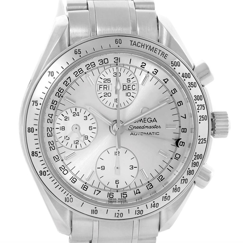 Front view of the Omega Speedmaster 3523.30.00 Men
s Stainless Steel Silver Dial 3523.30.00 Men
s Stainless Steel Silver Dial watch showing the dial, sub-dials, hands, tachymeter bezel, and part of the bracelet.