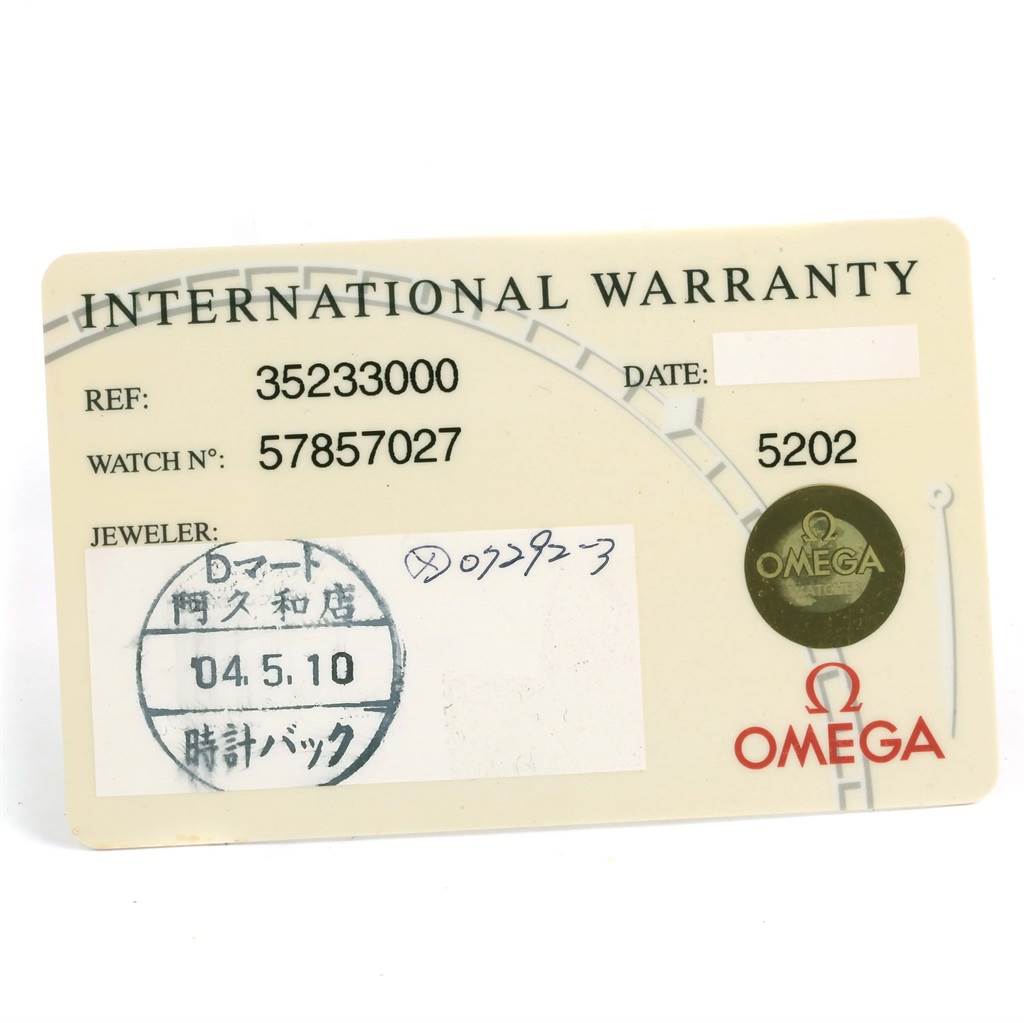 This image shows the front of an international warranty card for the Omega Speedmaster 3523.30.00 Men
s Stainless Steel Silver Dial 3523.30.00 Men
s Stainless Steel Silver Dial watch.