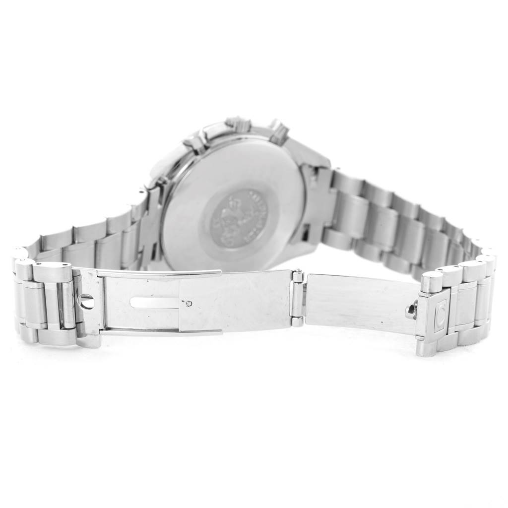 The image shows the back view of an Omega Speedmaster 3523.30.00 Men
s Stainless Steel Silver Dial 3523.30.00 Men
s Stainless Steel Silver Dial watch, focusing on the bracelet and clasp.