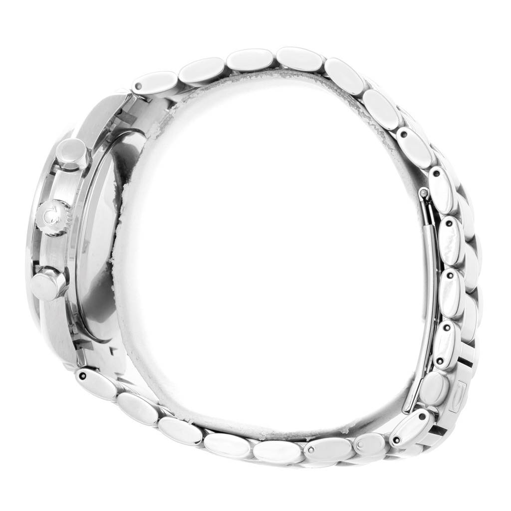 The Omega Speedmaster 3523.30.00 Men
s Stainless Steel Silver Dial 3523.30.00 Men
s Stainless Steel Silver Dial watch is shown from the side, highlighting its metal bracelet and side pushers.