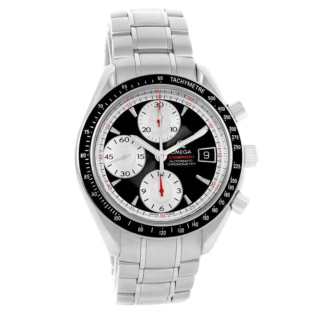 This image shows a front view of the Omega Speedmaster 3210.51.00 Men
s Stainless Steel Black Dial 3210.51.00 Men
s Stainless Steel Black Dial watch, highlighting its face, subdials, date window, and stainless steel bracelet.