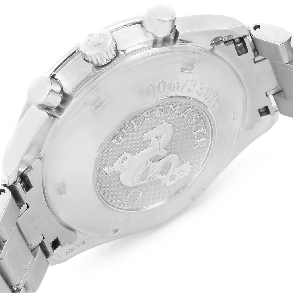 The image shows the case back, crown, pushers, and part of the bracelet of an Omega Speedmaster 3210.51.00 Men
s Stainless Steel Black Dial 3210.51.00 Men
s Stainless Steel Black Dial watch.