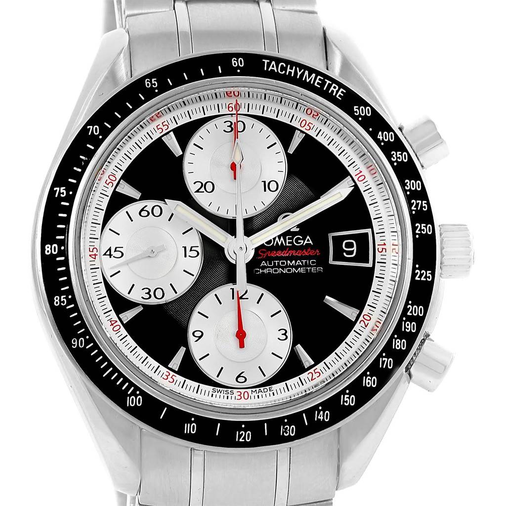 The image shows a front view of an Omega Speedmaster 3210.51.00 Men
s Stainless Steel Black Dial 3210.51.00 Men
s Stainless Steel Black Dial watch, highlighting its tachymetre bezel, chronograph sub-dials, and date window.