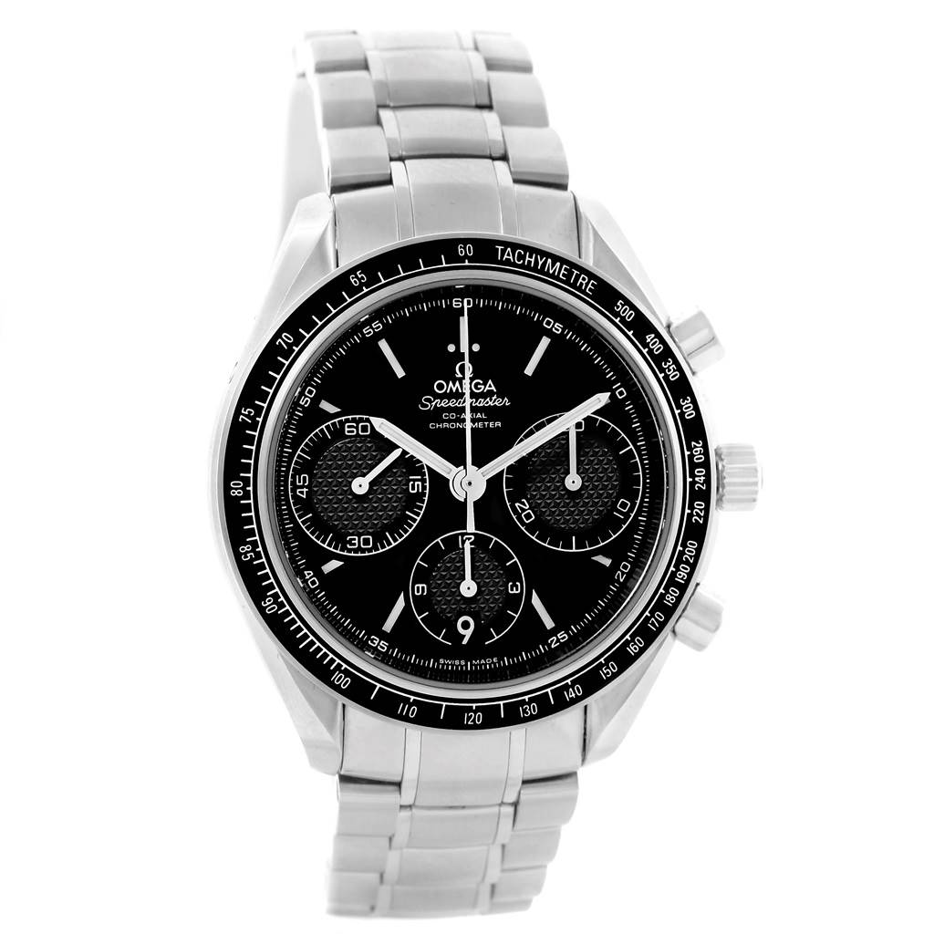 The image shows an Omega Speedmaster 326.30.40.50.01.001 Men
s Stainless Steel Black Dial 326.30.40.50.01.001 Men
s Stainless Steel Black Dial watch front view, displaying its face, three sub-dials, tachymeter bezel, and stainless steel bracelet.