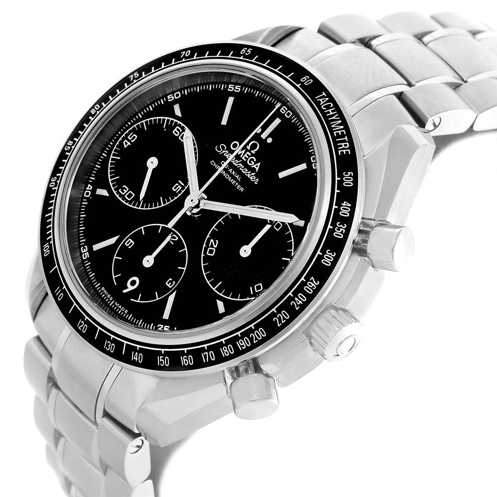 The Omega Speedmaster 326.30.40.50.01.001 Men
s Stainless Steel Black Dial 326.30.40.50.01.001 Men
s Stainless Steel Black Dial watch is shown at an angle displaying its dial, bezel, and stainless steel bracelet.