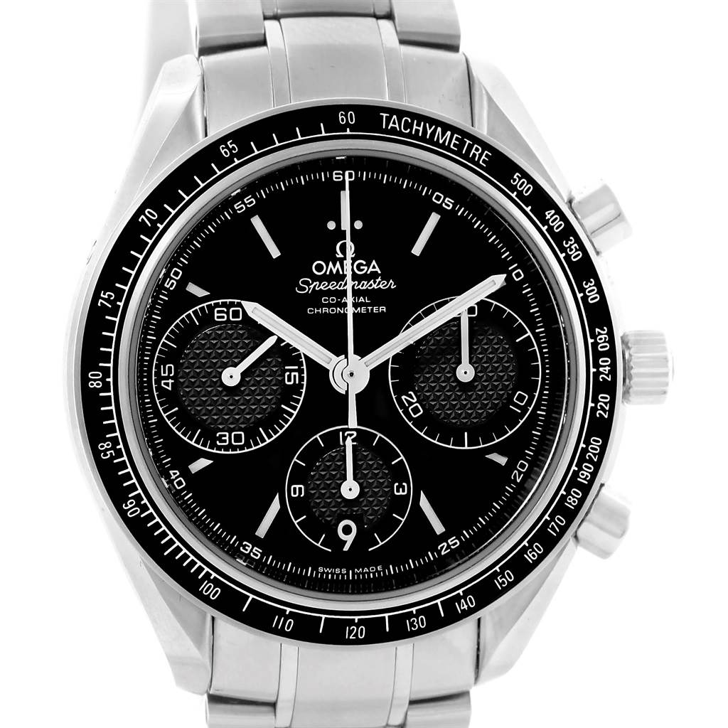 The image shows a front view of an Omega Speedmaster 326.30.40.50.01.001 Men
s Stainless Steel Black Dial 326.30.40.50.01.001 Men
s Stainless Steel Black Dial watch, highlighting its black dial, subdials, and tachymeter bezel.