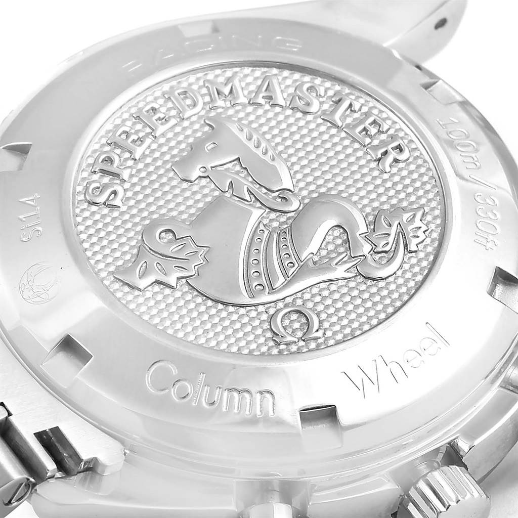 The image shows the back casing of an Omega Speedmaster 326.30.40.50.01.001 Men
s Stainless Steel Black Dial 326.30.40.50.01.001 Men
s Stainless Steel Black Dial, highlighting the engraved logo and text details.