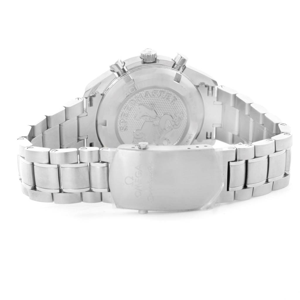 The image shows the back view of an Omega Speedmaster 326.30.40.50.01.001 Men
s Stainless Steel Black Dial 326.30.40.50.01.001 Men
s Stainless Steel Black Dial watch, focusing on the bracelet, clasp, and case back.