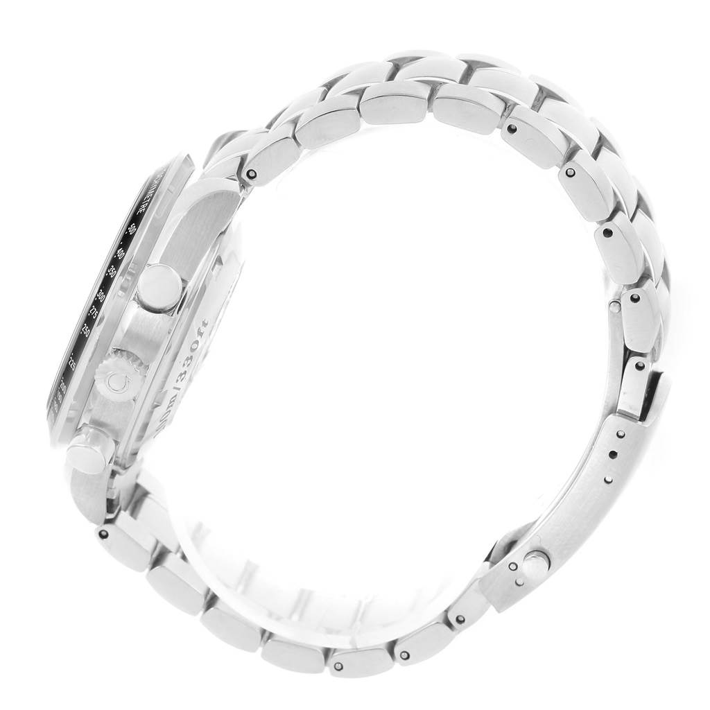 The image shows a side angle of the Omega Speedmaster 3210.52.00 Men
s Stainless Steel Black Dial 3210.52.00 Men
s Stainless Steel Black Dial watch, focusing on its stainless steel case and bracelet.