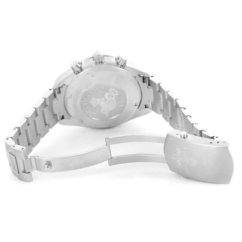 The image shows the back and clasp of an Omega Speedmaster 3210.52.00 Men
s Stainless Steel Black Dial 3210.52.00 Men
s Stainless Steel Black Dial watch from a rear angle with the bracelet partially open.