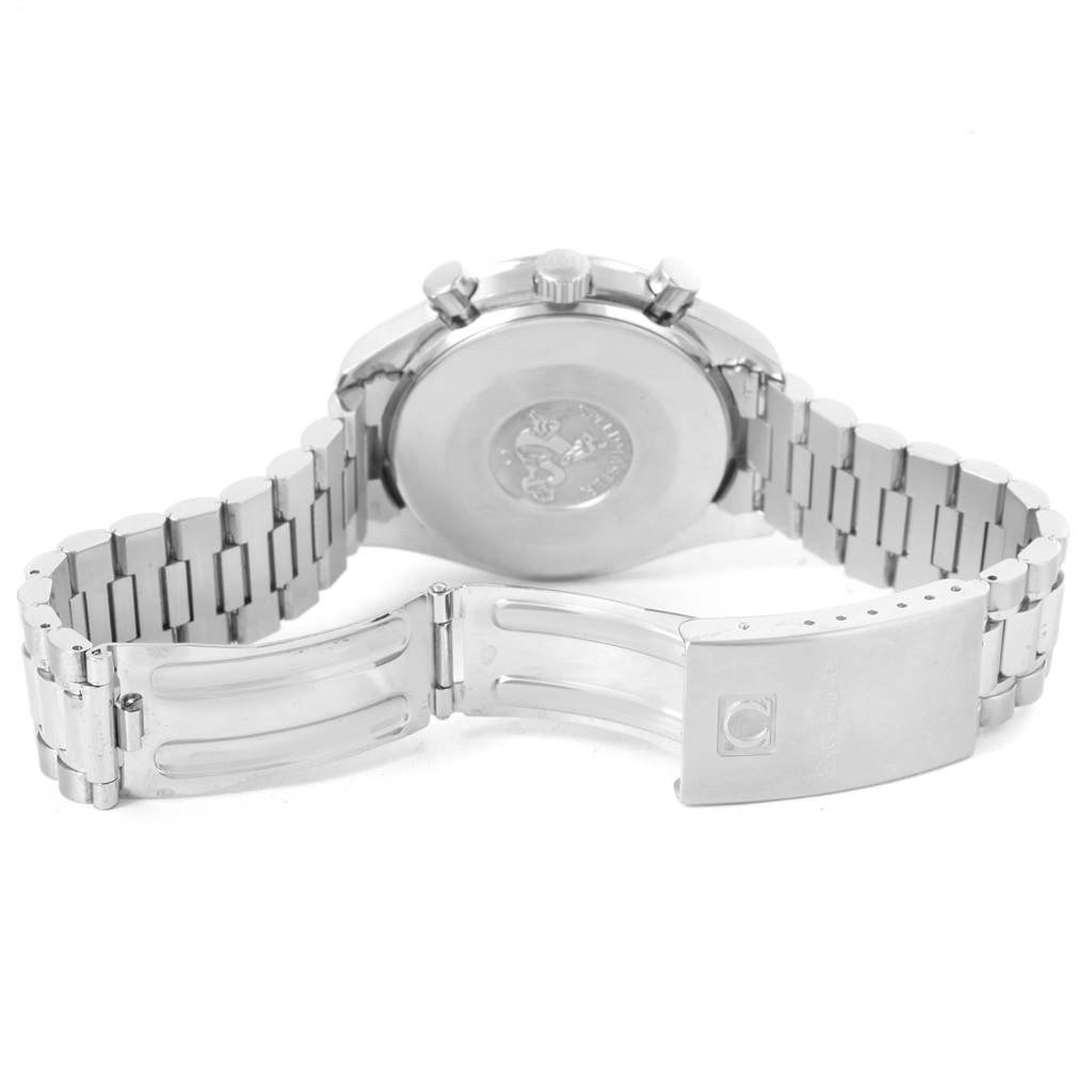 This image shows the back view of an Omega Speedmaster 3510.82.00 Men
s Stainless Steel Blue Dial 3510.82.00 Men
s Stainless Steel Blue Dial watch with its watchcase, crown, pushers, and bracelet clasp visible.