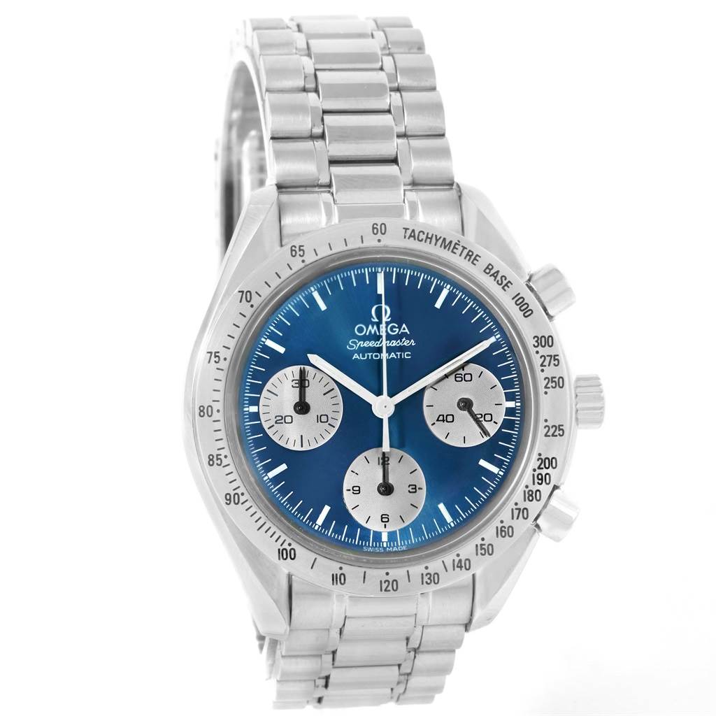 The Omega Speedmaster 3510.82.00 Men
s Stainless Steel Blue Dial 3510.82.00 Men
s Stainless Steel Blue Dial watch is shown at a front angle, displaying the face, bezel, and bracelet in full view.