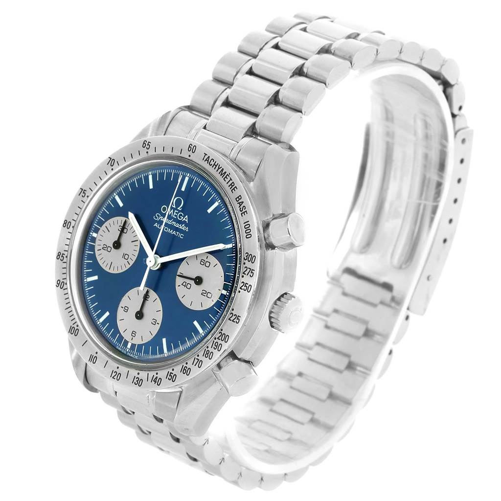 The Omega Speedmaster 3510.82.00 Men
s Stainless Steel Blue Dial 3510.82.00 Men
s Stainless Steel Blue Dial watch is shown at a slight angle, displaying the face, bezel, bracelet, and crown.