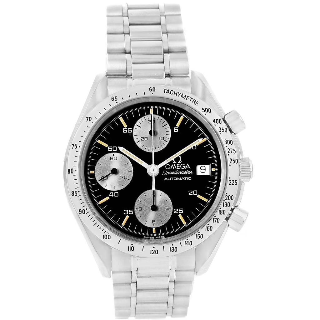 This image shows a frontal view of the Omega Speedmaster 3511.20.00 Men
s Stainless Steel Black Dial 3511.20.00 Men
s Stainless Steel Black Dial watch featuring its dial, tachymeter, and stainless steel bracelet.