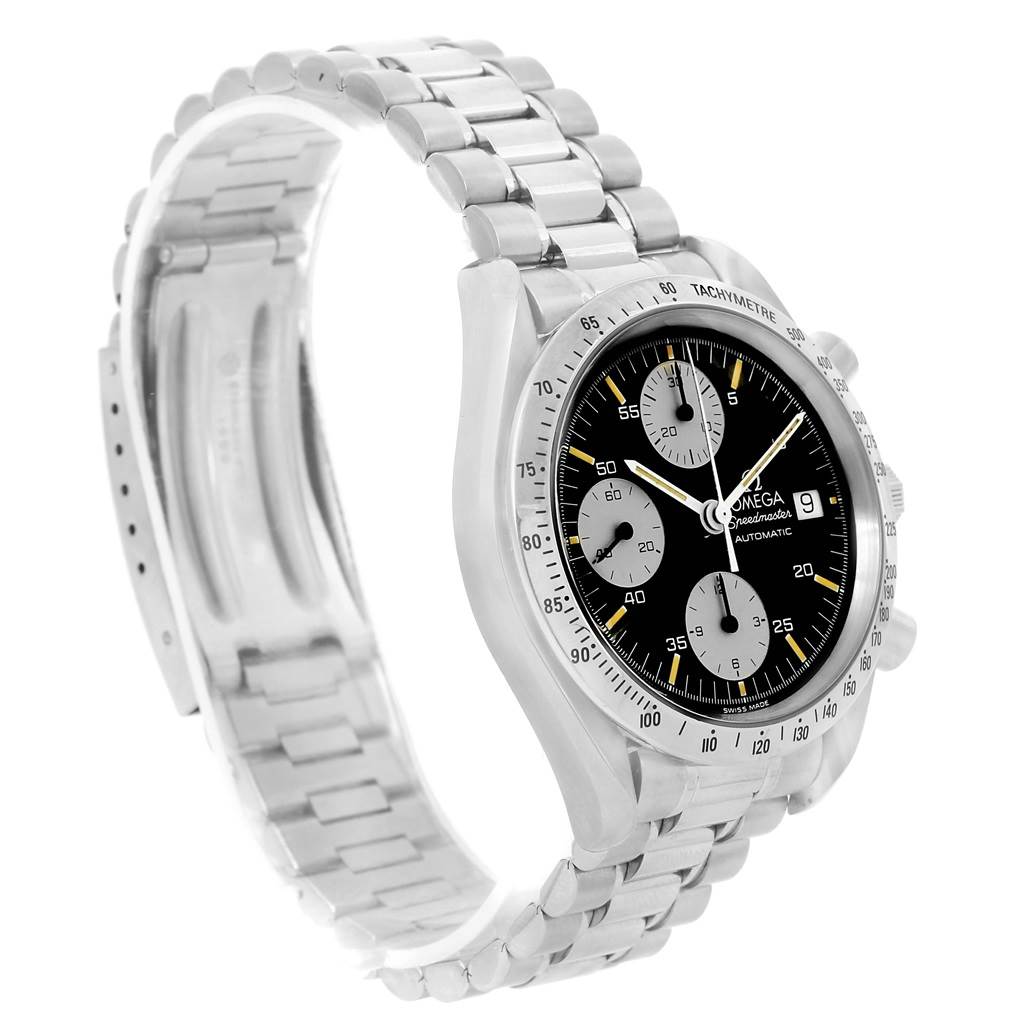 The Omega Speedmaster 3511.20.00 Men
s Stainless Steel Black Dial 3511.20.00 Men
s Stainless Steel Black Dial watch is shown at an oblique angle, highlighting the face, bezel, and metal bracelet.