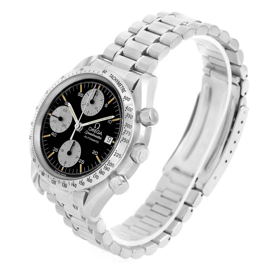 The Omega Speedmaster 3511.20.00 Men
s Stainless Steel Black Dial 3511.20.00 Men
s Stainless Steel Black Dial watch is shown at a three-quarter angle, highlighting its face, bezel, pushers, and metal bracelet.